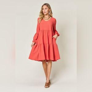 Double Take Full Size V-Neck Balloon Sleeve Tiered Dress